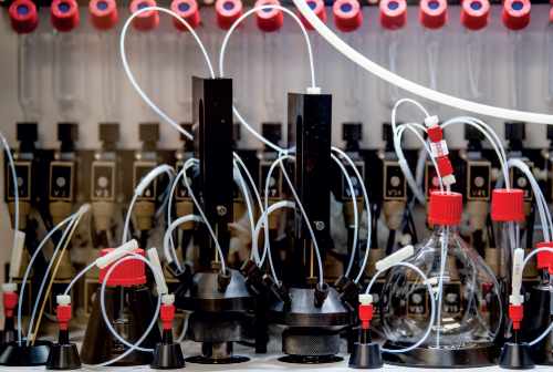 Beakers with red tops are connected with small white tubes